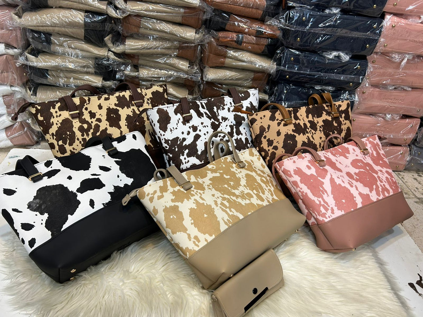 2 Pcs Premium Cow Print Tote Bag Set For Women – Black