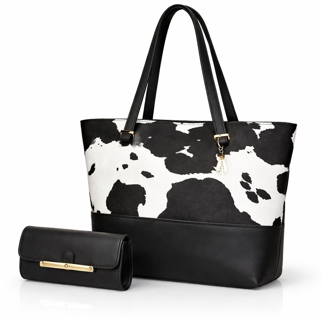 2 Pcs Premium Cow Print Tote Bag Set For Women – Black