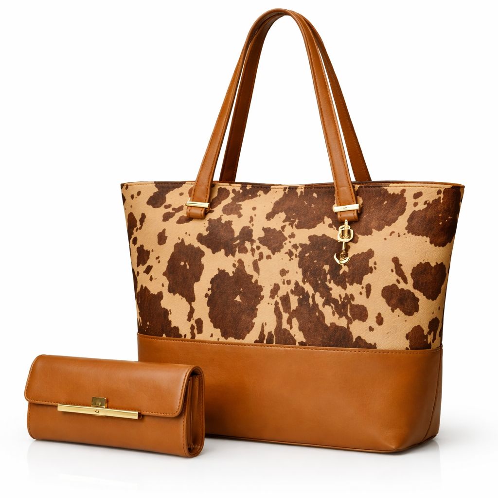 2 Pcs Premium Cow Print Tote Bag Set For Women – Black